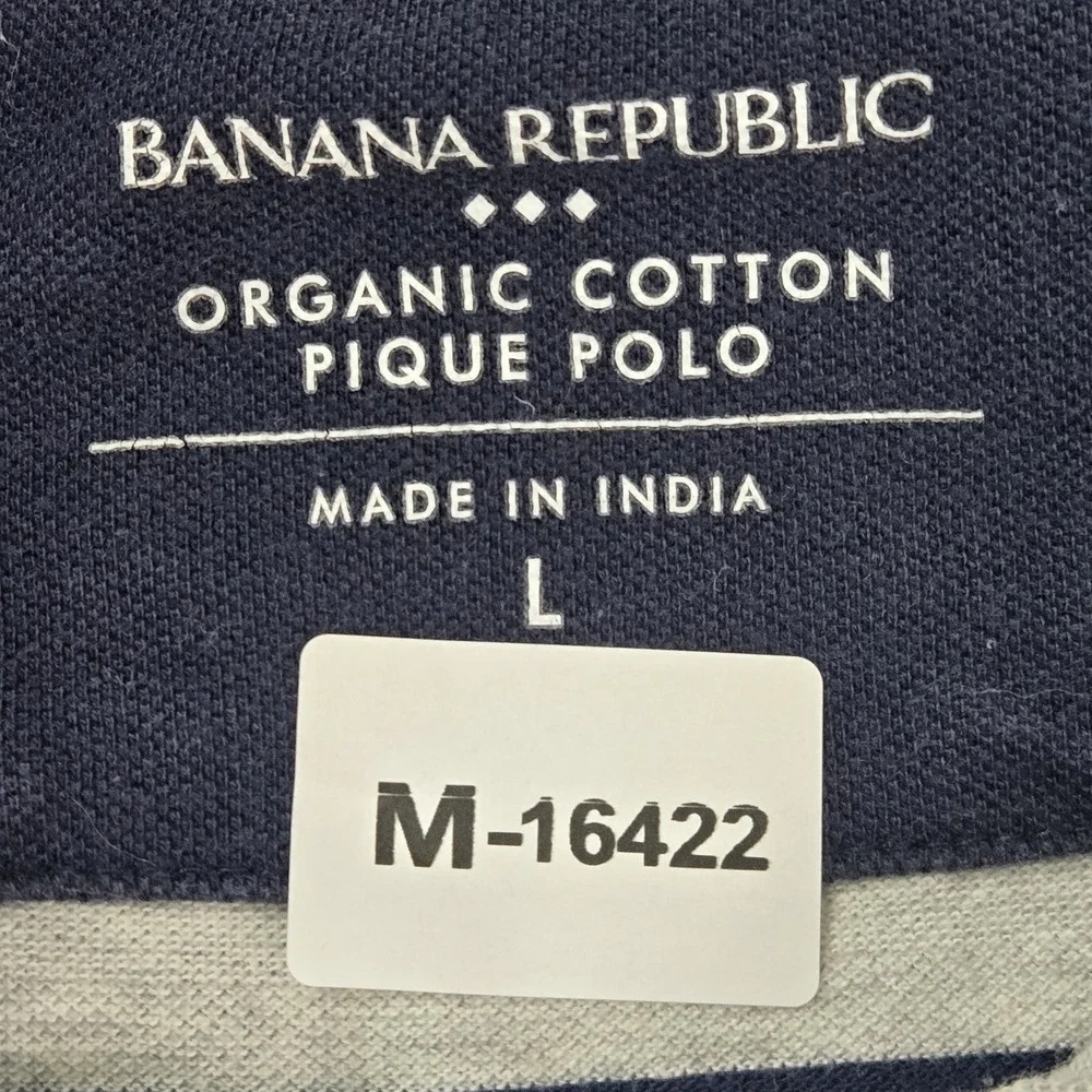 Banana Republic Men Polo L Gray Navy Striped Organic Cotton Short Sleeve